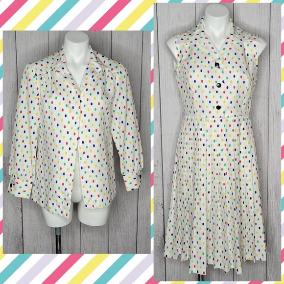 Vintage Rainbow Polka Dot 2 Piece Set, Dress and Matching Jacket - Picture 1 of 11